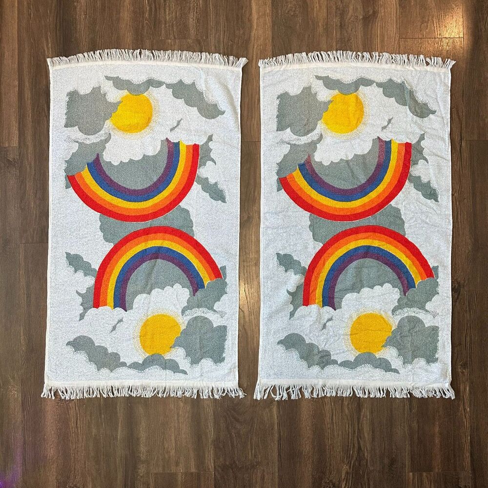 70s Cannon Rainbow Towels Set of 2 Vintage Blue Terrycloth Groovy Decor 38x22